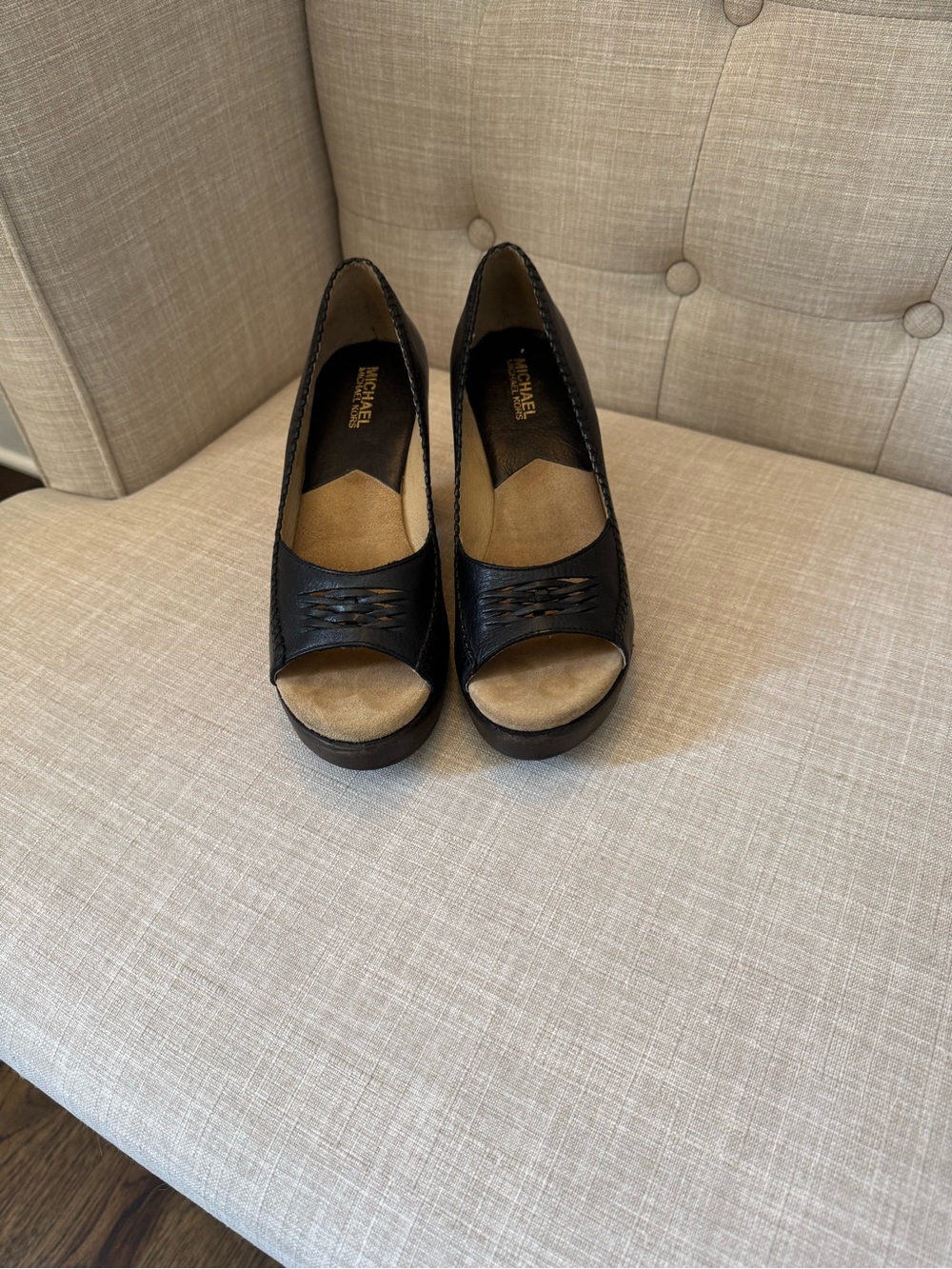 Michael Kors Black Leather Peep-Toe Wedge Sandals
